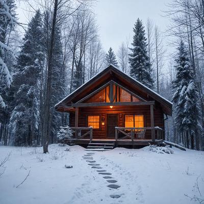 The primary subject of the image is a cozy cabin nestled in the woods. The cabin is surrounded by snow, giving it a serene and peaceful atmosphere. The setting is a snowy forest, with trees visible in the background. The visual style of the image is a photo, capturing the cabin and its surroundings in a natural environment. The dominant colors in the image are white, due to the snow, and brown, which is the color of the cabin.
